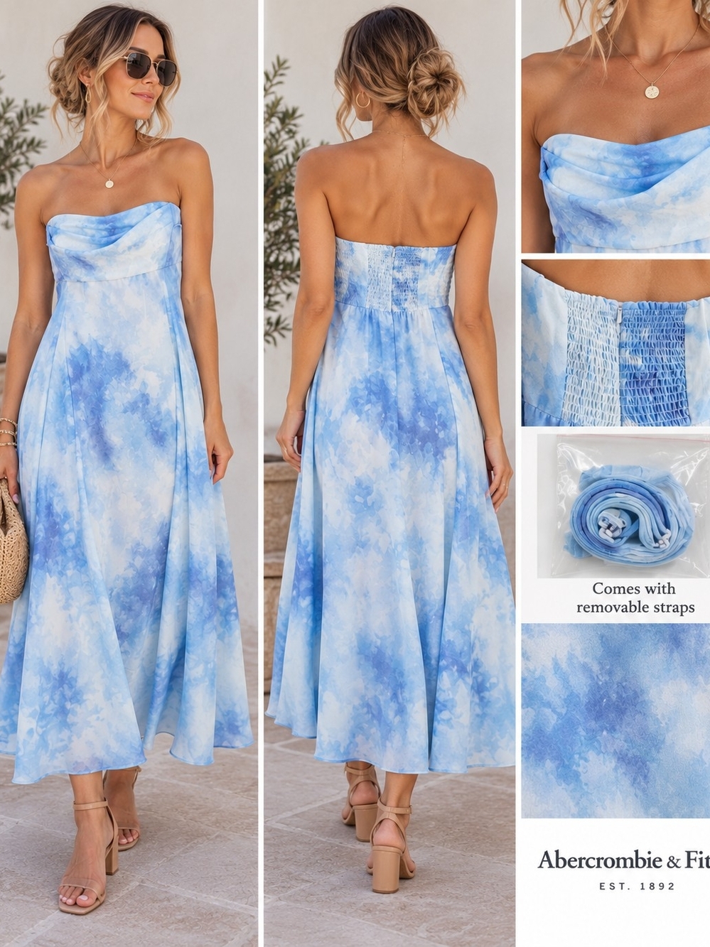 NWT Abercrombie & Fitch Blue Tie-Dye/Floral Strapless/Strap Midi Dress